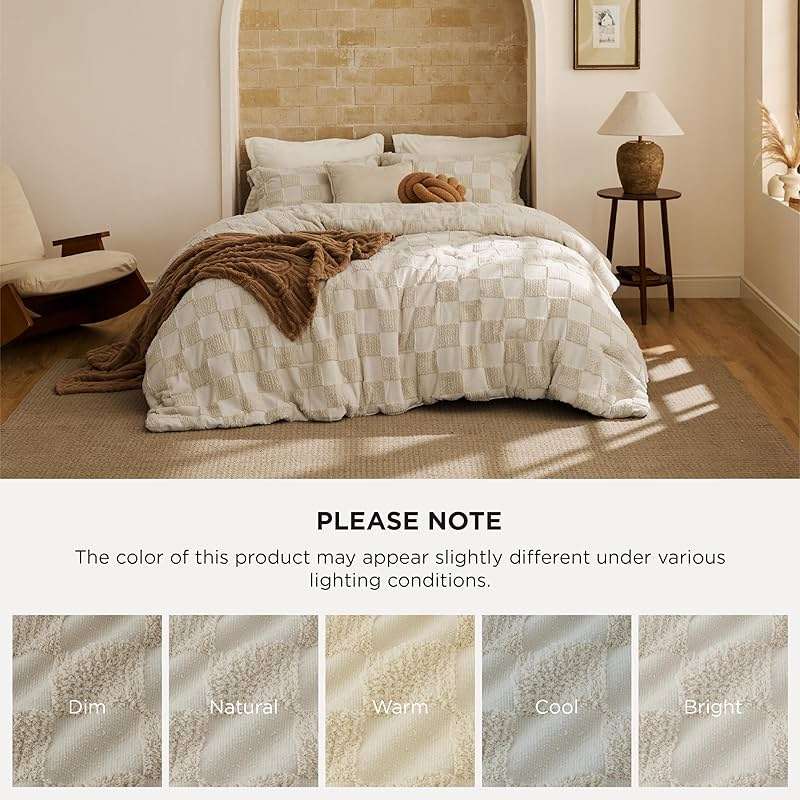 Bedsure King Size Comforter Set Beige, Boho Tufted Bed Set, Checkered Farmhouse-Style Distressed Vintage Bedding, 3 Pieces, 1 Plaid Geometric Comforter and 2 Pillow Shams - Image 9