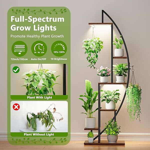 BACEKOLL Plant Stand Indoor with Grow Lights, 6 Tiered Tall Plant Shelf, 63" Metal Plant Stand for Indoor Plants Multiple, Half-Moon Plant Rack Display Shelf, 2 Pcs Plant Holder for Living Room, Patio - Image 5