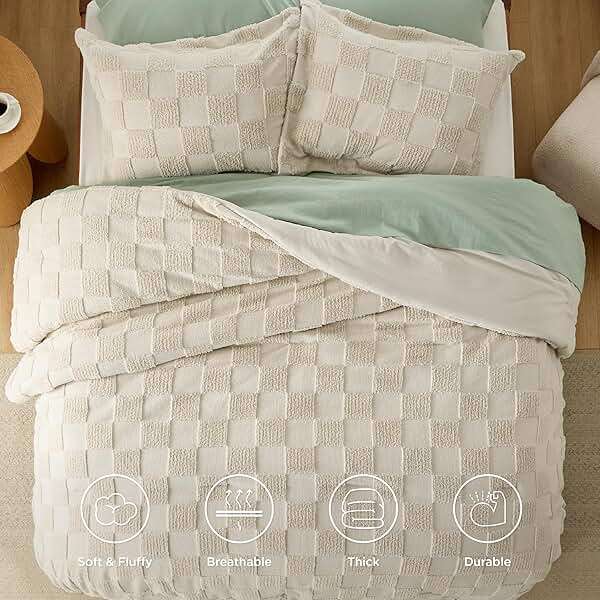 Bedsure Queen Size Comforter Set Beige, Boho Tufted Bed Set, Checkered Farmhouse-Style Distressed Vintage Bedding, 3 Pieces, 1 Plaid Geometric Comforter and 2 Pillow Shams - Image 4