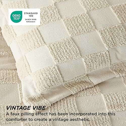 Bedsure Queen Size Comforter Set Beige, Boho Tufted Bed Set, Checkered Farmhouse-Style Distressed Vintage Bedding, 3 Pieces, 1 Plaid Geometric Comforter and 2 Pillow Shams - Image 5