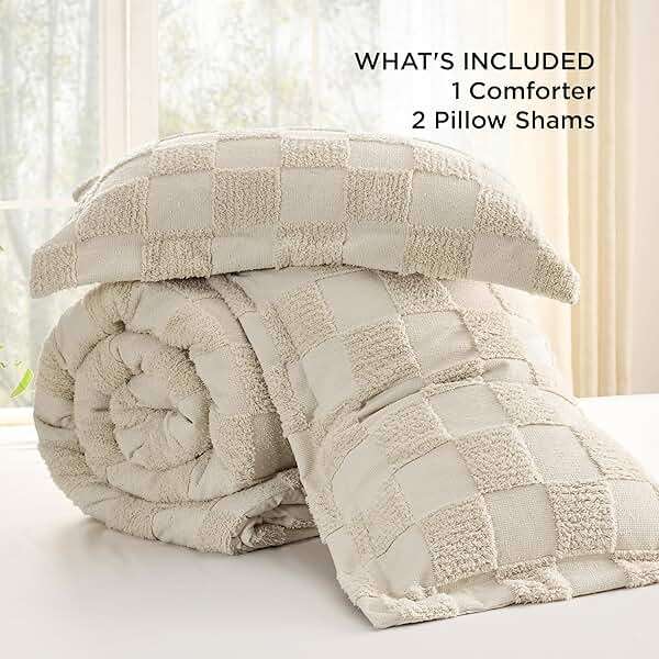 Bedsure Queen Size Comforter Set Beige, Boho Tufted Bed Set, Checkered Farmhouse-Style Distressed Vintage Bedding, 3 Pieces, 1 Plaid Geometric Comforter and 2 Pillow Shams - Image 6