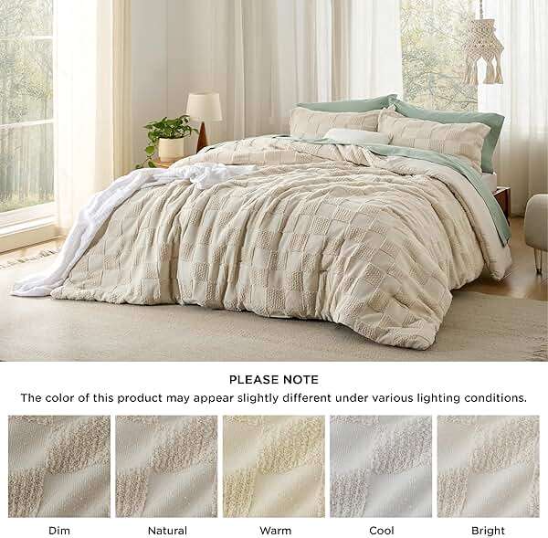 Bedsure Queen Size Comforter Set Beige, Boho Tufted Bed Set, Checkered Farmhouse-Style Distressed Vintage Bedding, 3 Pieces, 1 Plaid Geometric Comforter and 2 Pillow Shams - Image 7