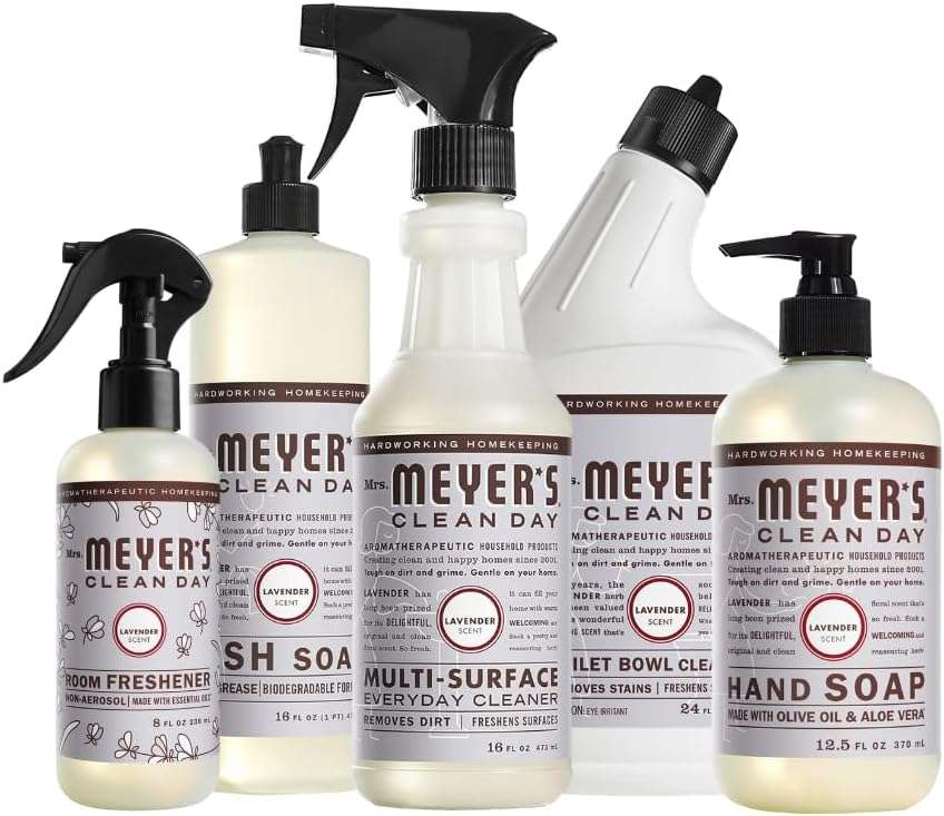 Mrs. MEYER'S CLEAN DAY Variety, 1 Room Freshener, 8 OZ, 1 Liquid Hand Soap, 12.5 OZ, 1 Liquid Dish Soap, 16 FL OZ, 1 Multi-Surface Cleaner, 16 OZ, 1 Toilet Bowl Cleaner, 24 OZ, 1 CT (Lavender) - Image 1