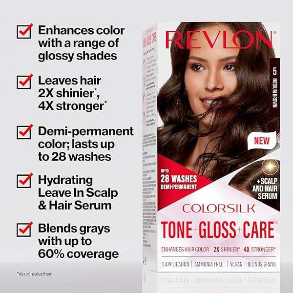 Revlon ColorSilk Tone + Gloss + Care Demi Permanent Hair Color, Dye Kit with Leave-In Scalp and Haircare Serum, 2x Shinier, 4x Stronger, 6 Light Brown, 4.5 fl oz - Image 2