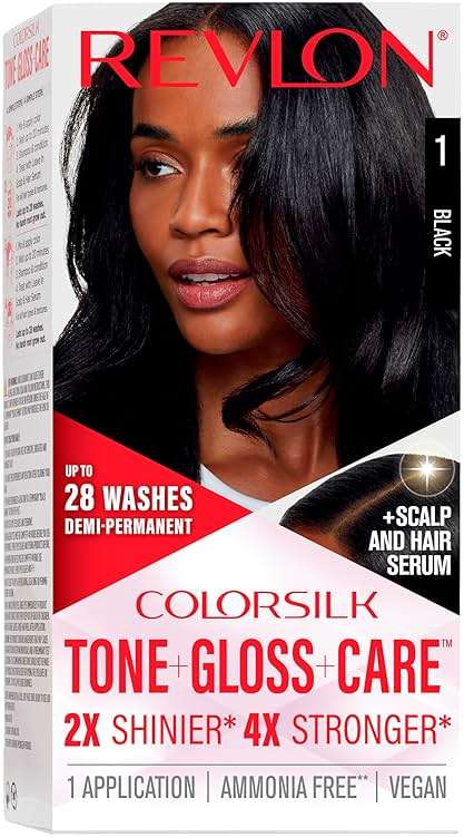 Revlon ColorSilk Tone + Gloss + Care Demi Permanent Hair Color, Dye Kit with Leave-In Scalp and Haircare Serum, 2x Shinier, 4x Stronger, 1 Black, 4.5 fl oz - Image 1