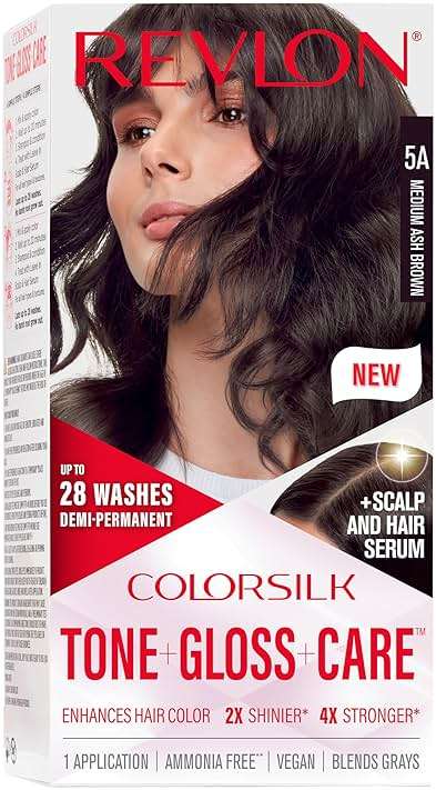 Revlon ColorSilk Tone + Gloss + Care Demi Permanent Hair Color, Dye Kit with Leave-In Scalp and Haircare Serum, 2x Shinier, 4x Stronger, 5A Medium Ash Brown, 4.5 fl oz - Image 1