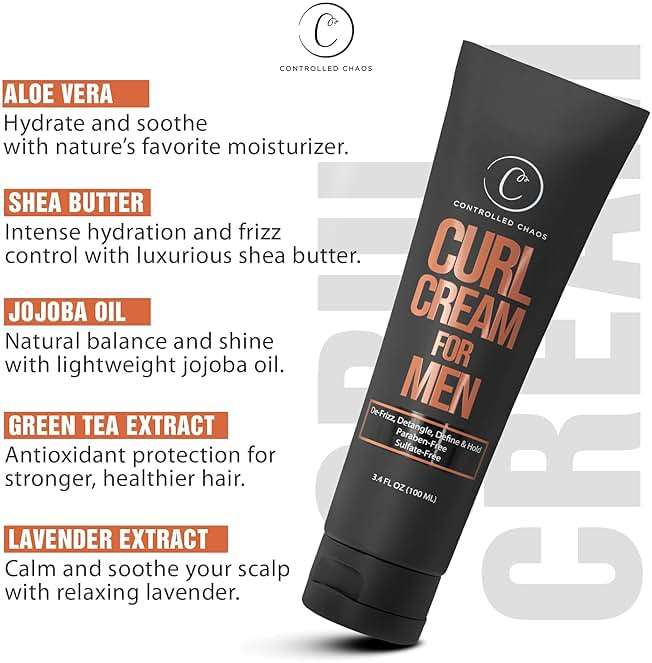 Controlled Chaos Curl Cream for Men - Hair Styling Cream For Wavy and Curly Hair With Shea Butter, Jojoba Oil, Coconut Oil, Add Smoothness, Anti-frizz, Sulfate-Free Curl Cream (3.4oz) - Image 6