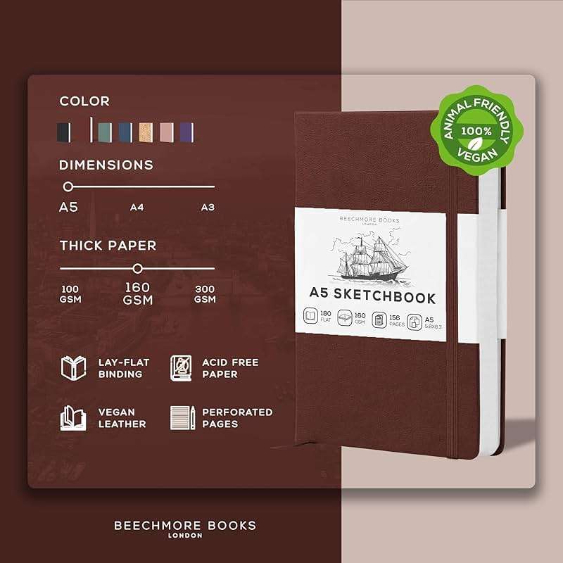 Beechmore Books A5 Mixed Media Sketchbook - 5.8"x8.3" Hardcover Lay-Flat Art Journal, 160 GSM / 98 lb Professional Perforated Paper, Gift Box, for Drawing, Ink and Light Watercolor - Image 2