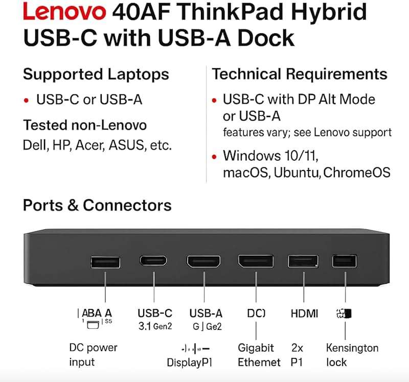 40AF0135US Lenovo Docking Station Dual Monitor Hybrid USB-C with USB-A - Thinkpad Dock with 135W, HDMI & DisplayPort Cable (40AF0135US) - Image 7
