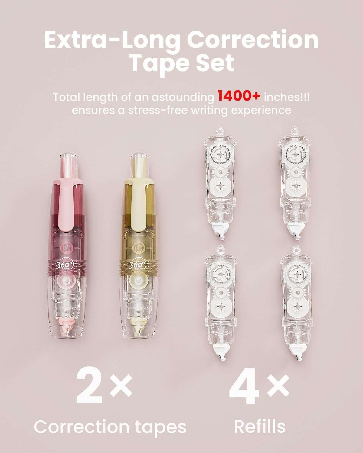 Four Candies 2-Pack White Correction Tape with 4 Refill Tapes, 118.1 ft, 6mm Width, Refillable Retractable Smooth Tear-Resistant Tape, Pen Shaped Applicator for School Teen & Adults (Pink Apricot) - Image 5