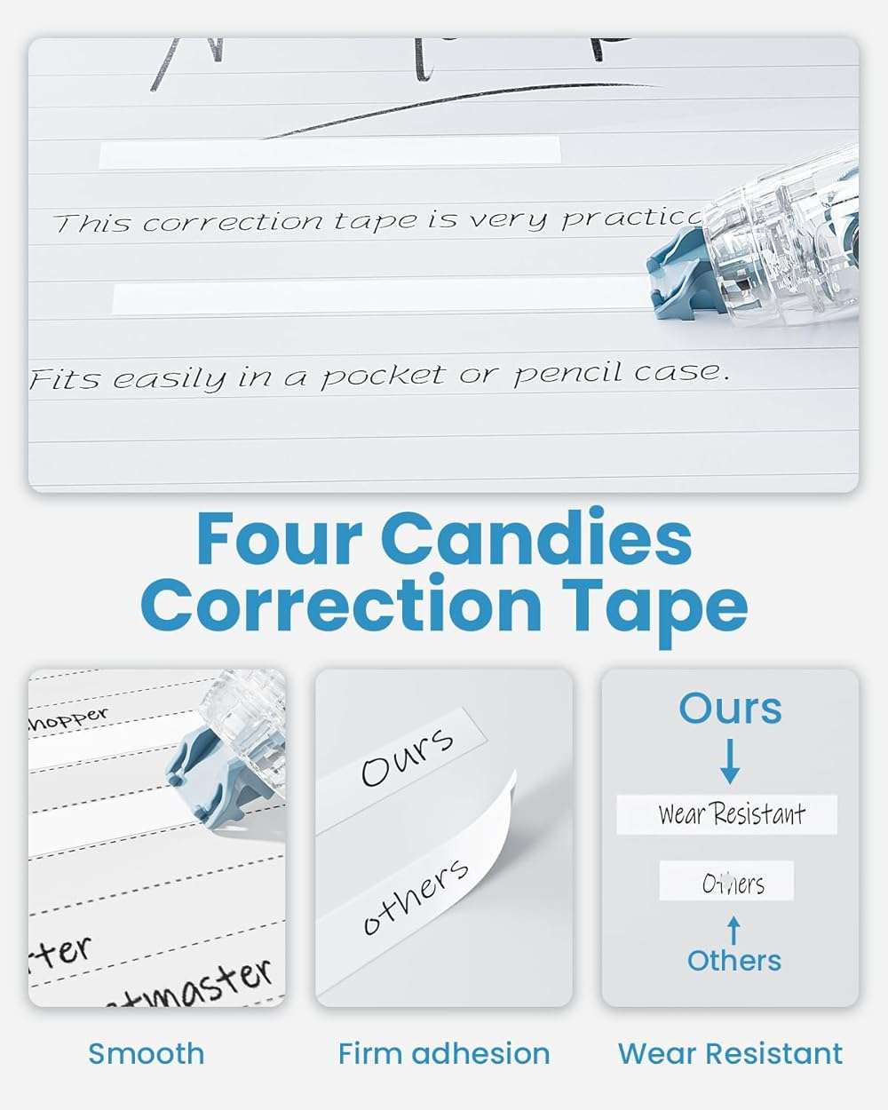 Four Candies 2-Pack White Correction Tape with 4 Refill Tapes, 118.1 ft, 6mm Width, Refillable Retractable Smooth Tear-Resistant Tape, Pen Shaped Applicator for School Teen & Adults (Pink Apricot) - Image 6