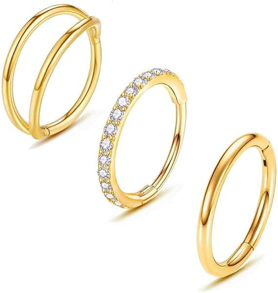MeiziQL 3Pcs Surgical Steel Nose Rings 20G 18G 16G Septum Rings Lip Ring Conch Cartilage Helix Hinged Segment Double Hoops 7mm 8mm 10mm for Women Men - Image 1