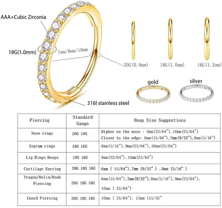 MeiziQL 3Pcs Surgical Steel Nose Rings 20G 18G 16G Septum Rings Lip Ring Conch Cartilage Helix Hinged Segment Double Hoops 7mm 8mm 10mm for Women Men - Image 2