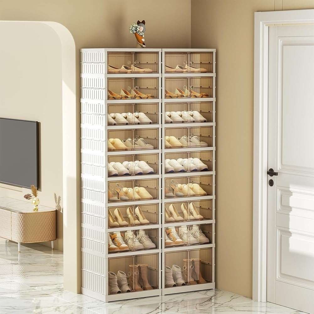 SYNCVIBE Collapsible Shoe Rack Organizer 9 Tiers-36 Pairs Foldable Shoe Cabinet with Doors, Large Plastic Folding Shoe Cabinet, Easy Assembly Shoe Shelves Organizer for Entryway, Living Room - Image 1