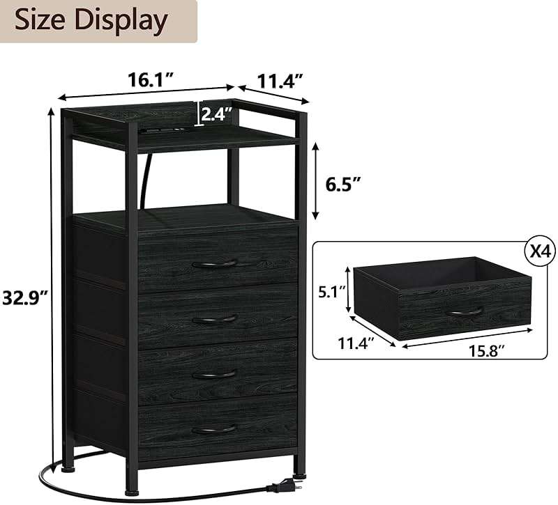 Furnulem Night Stand with Charging Station, Black Nightstand with Drawers and Led Light, Tall Dresser for Bedroom, Bedside Table with Fabric Storage Bins, Metal Frame, Wood Furniture - Image 3