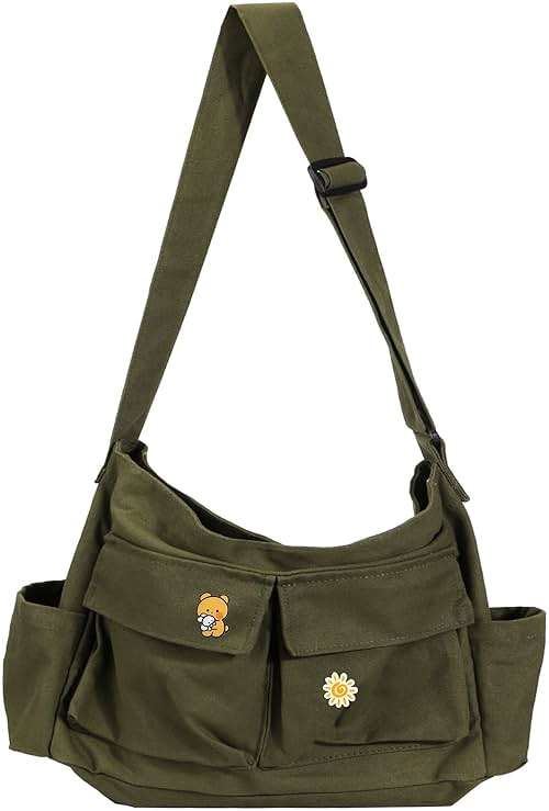 Vintage Canvas Crossbody Messenger Bag with Multiple Pockets and Hook-and-loop Closure, Ideal for School - Image 1