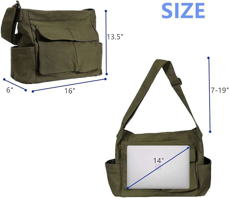 Vintage Canvas Crossbody Messenger Bag with Multiple Pockets and Hook-and-loop Closure, Ideal for School - Image 3