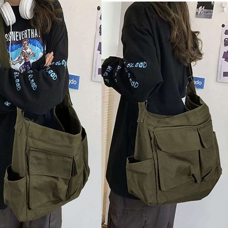 Vintage Canvas Crossbody Messenger Bag with Multiple Pockets and Hook-and-loop Closure, Ideal for School - Image 6