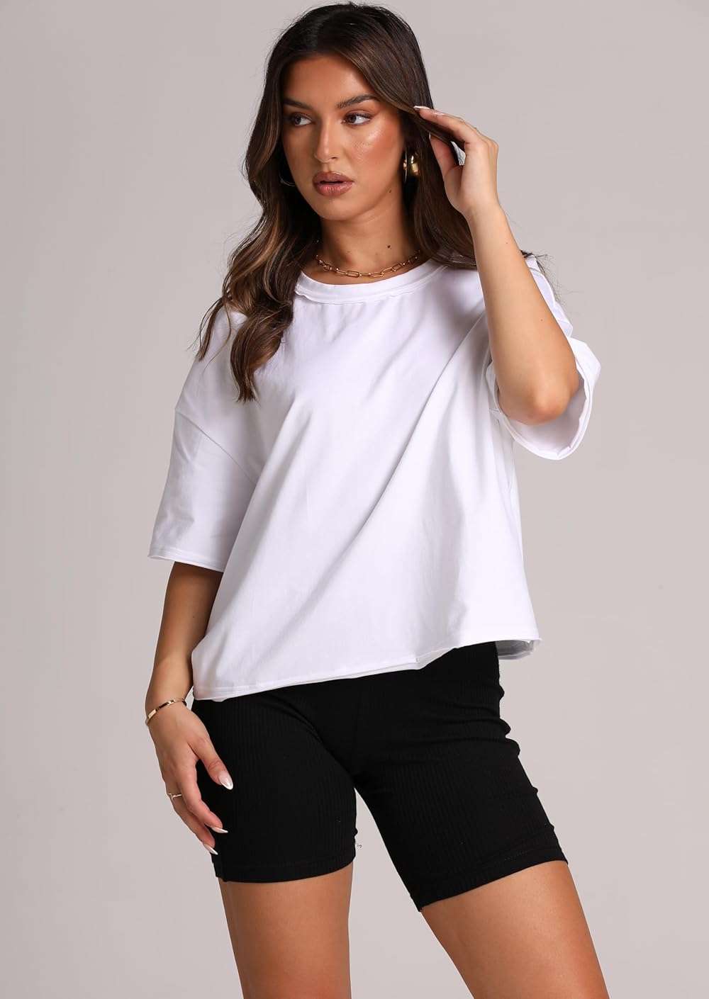 XIEERDUO Cotton Tshirts for Women Drop Shoulder Round Neck Oversized Crop Tops Workout Tops Tees - Image 2