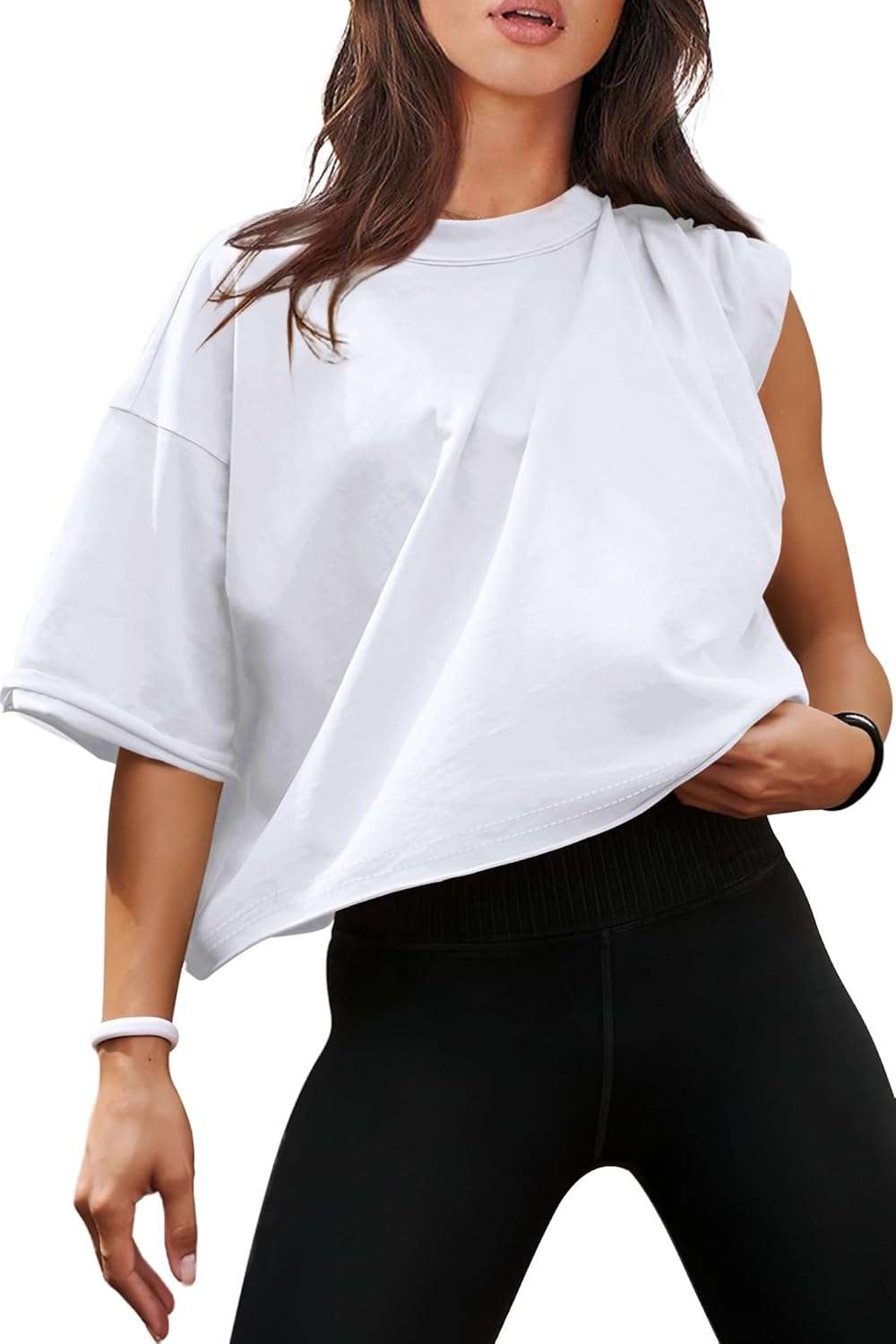 XIEERDUO Cotton Tshirts for Women Drop Shoulder Round Neck Oversized Crop Tops Workout Tops Tees - Image 4