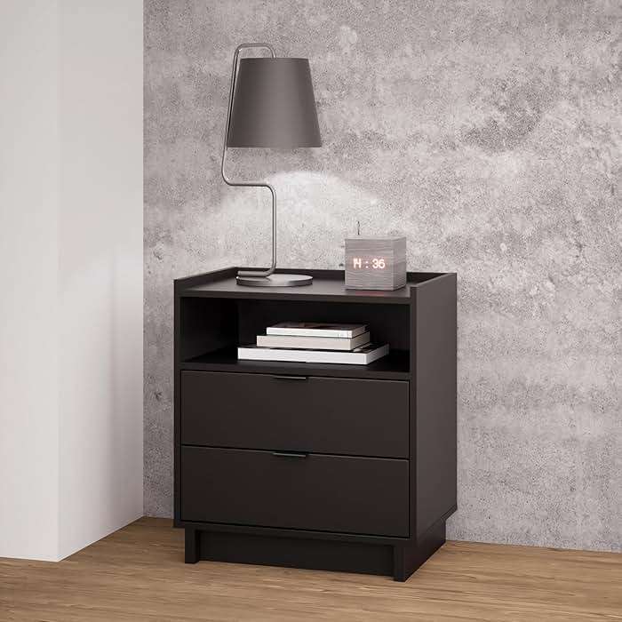 Prepac Simply Modern Nightstand Bedside Table, Black Nightstand for Bedroom, End Table with 2 Drawers and Open Shelf 23.75" W x 26.75" H x 16" D - Image 2
