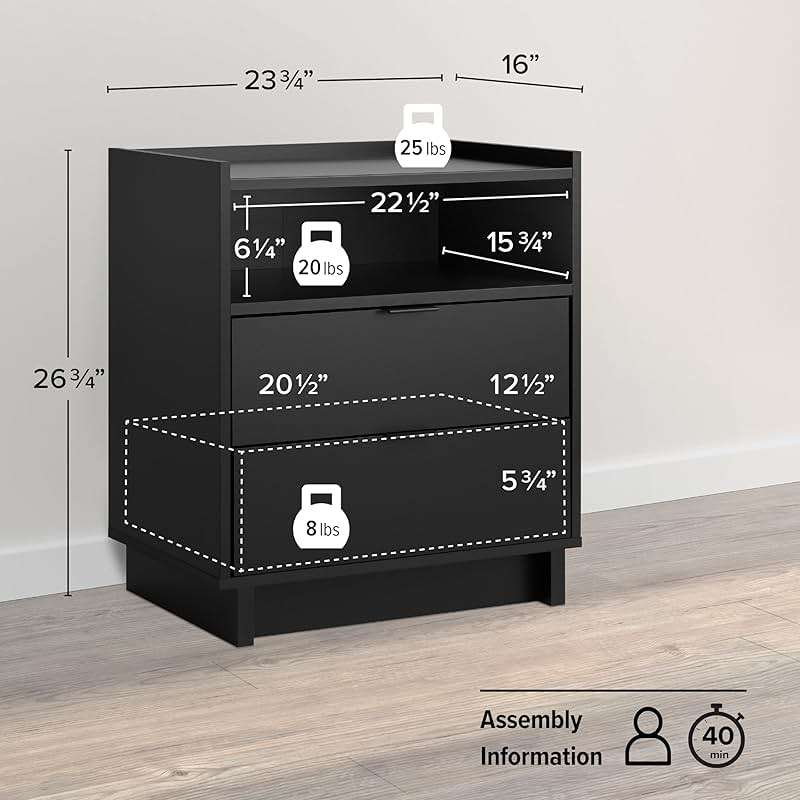 Prepac Simply Modern Nightstand Bedside Table, Black Nightstand for Bedroom, End Table with 2 Drawers and Open Shelf 23.75" W x 26.75" H x 16" D - Image 3