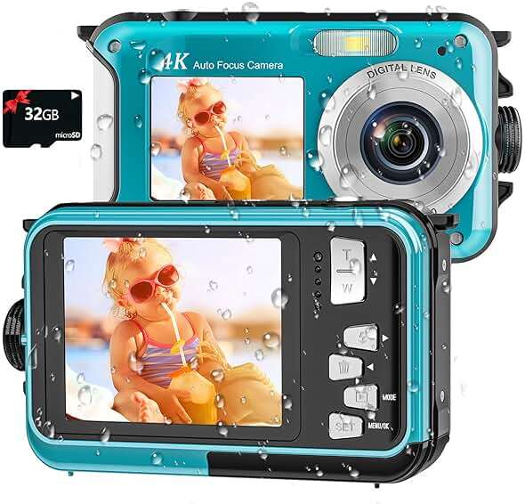 4K Underwater Camera 16FT Waterproof Camera with 32GB Card 64MP Autofocus Dual-Screen Selfie Underwater for Snorkeling Waterproof Compact Floatable Digital Camera 1250mAh Battery Type-C (Blue) - Image 1