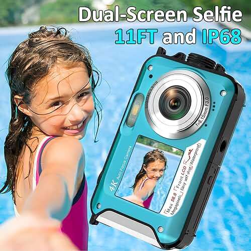 4K Underwater Camera 16FT Waterproof Camera with 32GB Card 64MP Autofocus Dual-Screen Selfie Underwater for Snorkeling Waterproof Compact Floatable Digital Camera 1250mAh Battery Type-C (Blue) - Image 2