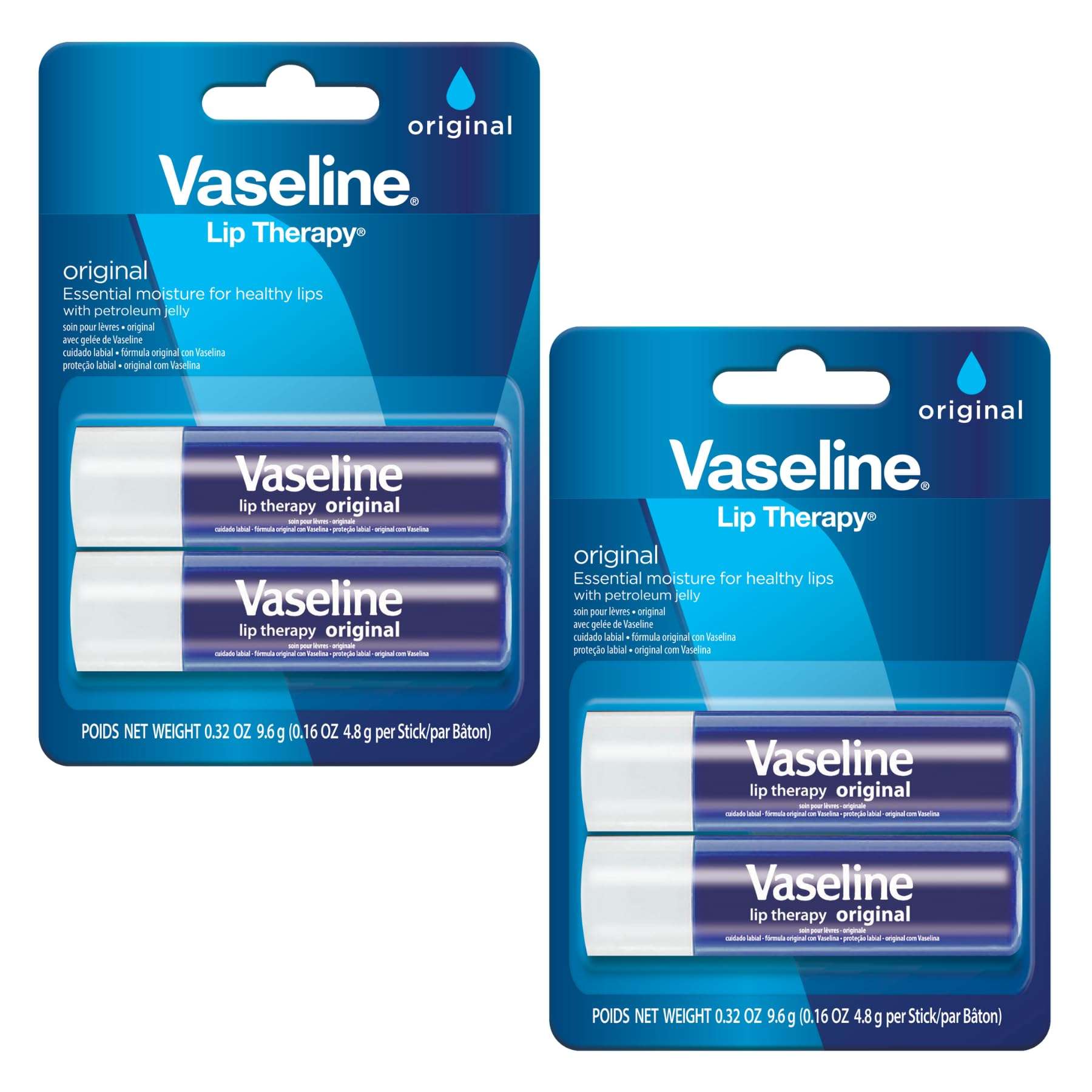 Vaseline Lip Therapy Care Original, Fast-Acting Nourishment, Ideal for Chapped, Dry, Cracked, or Damaged Lips, Lip Balm, 2-Pack of 2, 0.16 Oz Each, 4 Lip Balms - Image 1