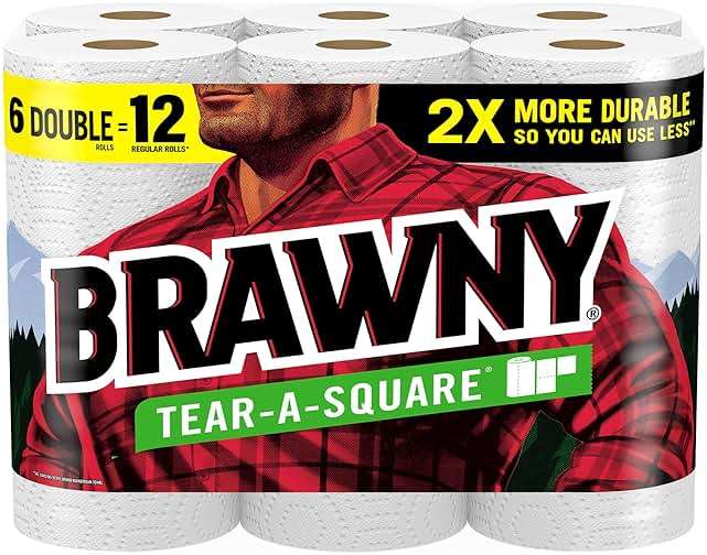 Brawny Tear-A-Square Paper Towels, 6 Double Rolls = 12 Regular Rolls, 3 Sheet Sizes (Quarter, Half, Full), Strength for All Messes, Cleanups, and Meal Prep - Image 1