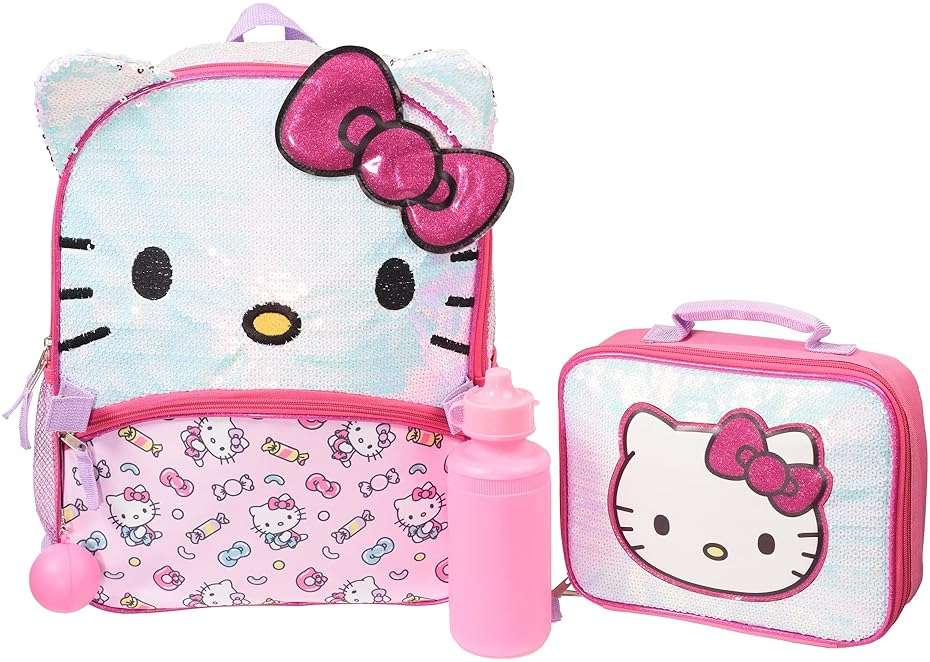 AI ACCESSORY INNOVATIONS Hello Kitty Girls 4 Piece Backpack Set, Iridescent Flip Sequin 16" School Bag with 3D Features, Front Zip Pocket, Pink & White - Image 1