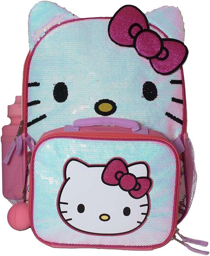 AI ACCESSORY INNOVATIONS Hello Kitty Girls 4 Piece Backpack Set, Iridescent Flip Sequin 16" School Bag with 3D Features, Front Zip Pocket, Pink & White - Image 2