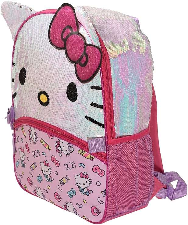 AI ACCESSORY INNOVATIONS Hello Kitty Girls 4 Piece Backpack Set, Iridescent Flip Sequin 16" School Bag with 3D Features, Front Zip Pocket, Pink & White - Image 4