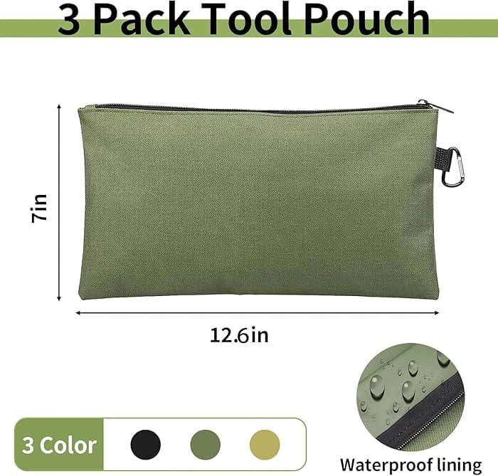 3 Pack Tool Bag Zipper Pouch, Premium Tool Pouch, Utility Multipurpose Storage Organizer Tool Pouches with Carabiner Metal Zipper for Tools, Stationary, Pencil Pouch (3 Pack, Tan, Navy Green, Black) - Image 3