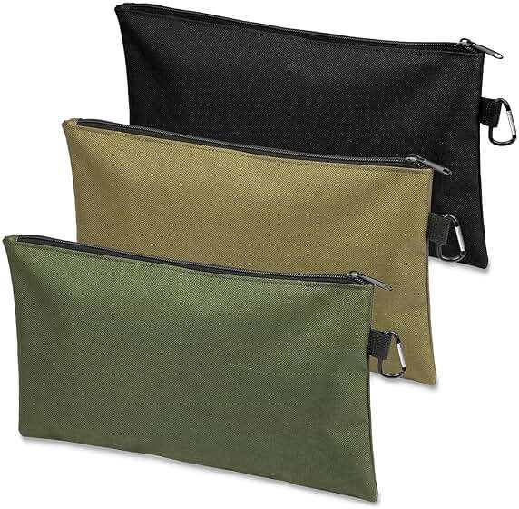 3 Pack Tool Bag Zipper Pouch, Premium Tool Pouch, Utility Multipurpose Storage Organizer Tool Pouches with Carabiner Metal Zipper for Tools, Stationary, Pencil Pouch (3 Pack, Tan, Navy Green, Black) - Image 8