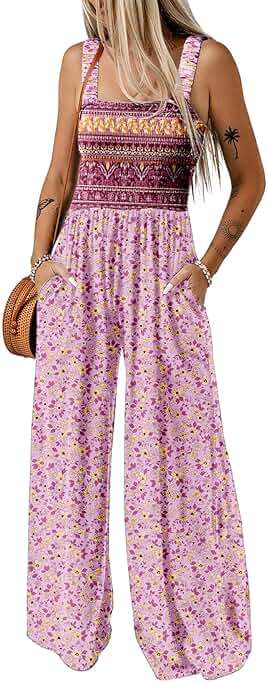 Dokotoo Women's Casual Loose Overalls Jumpsuits One Piece Sleeveless Printed Wide Leg Long Pant Rompers With Pockets - Image 1