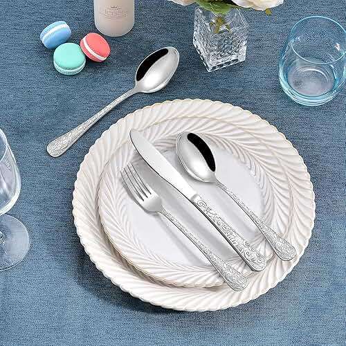 Runfly Vintage Carved Stainless Steel 20 Pieces Flatware Set, Silverware Set, Modern Embossed Cutlery Set Utensils Including Fork Spoon and Knife - Image 2