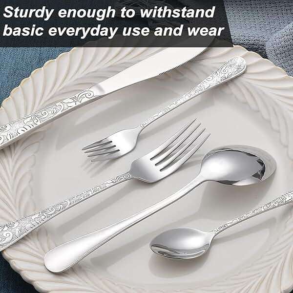 Runfly Vintage Carved Stainless Steel 20 Pieces Flatware Set, Silverware Set, Modern Embossed Cutlery Set Utensils Including Fork Spoon and Knife - Image 5