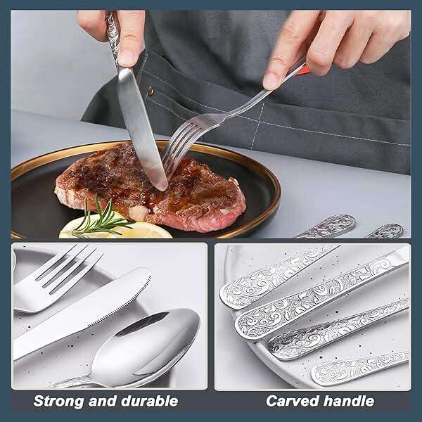 Runfly Vintage Carved Stainless Steel 20 Pieces Flatware Set, Silverware Set, Modern Embossed Cutlery Set Utensils Including Fork Spoon and Knife - Image 6