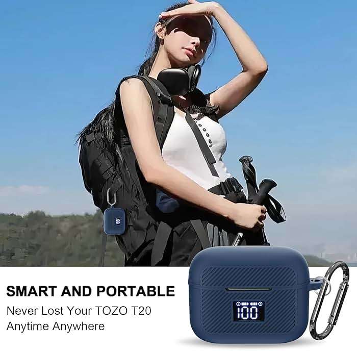 Compatible with TOZO T20 Case Cover, Soft Silicone Skin Case with Keychain, Shock Absorbing and Anti-Drop Protective Case with LED Power Display for Men and Women [Front LED Visible] Dark Blue - Image 7