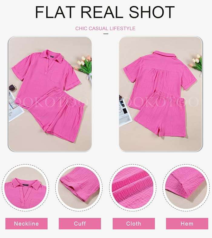 Dokotoo Women's Two Piece Outfits V Neck Short Sleeve Shirts and High Waist Shorts Lounge Sets - Image 5