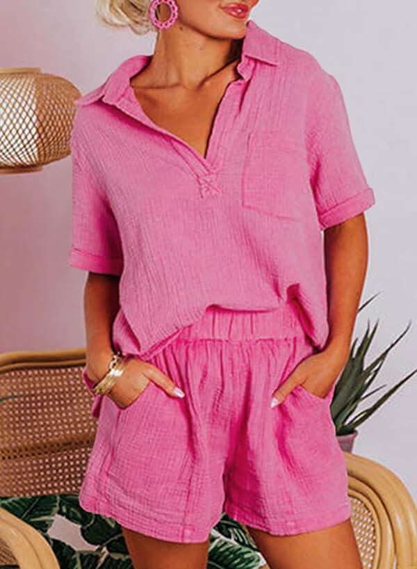 Dokotoo Women's Two Piece Outfits V Neck Short Sleeve Shirts and High Waist Shorts Lounge Sets - Image 7