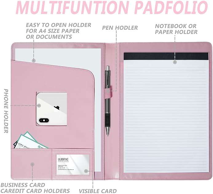 Leather Portfolio Folder Padfolio, Business Padfolio Organizer Document Planner Portfolio Binder Storage Pocket for Legal Pad Holder Paperwork Phone Men Women (Pink) - Image 4