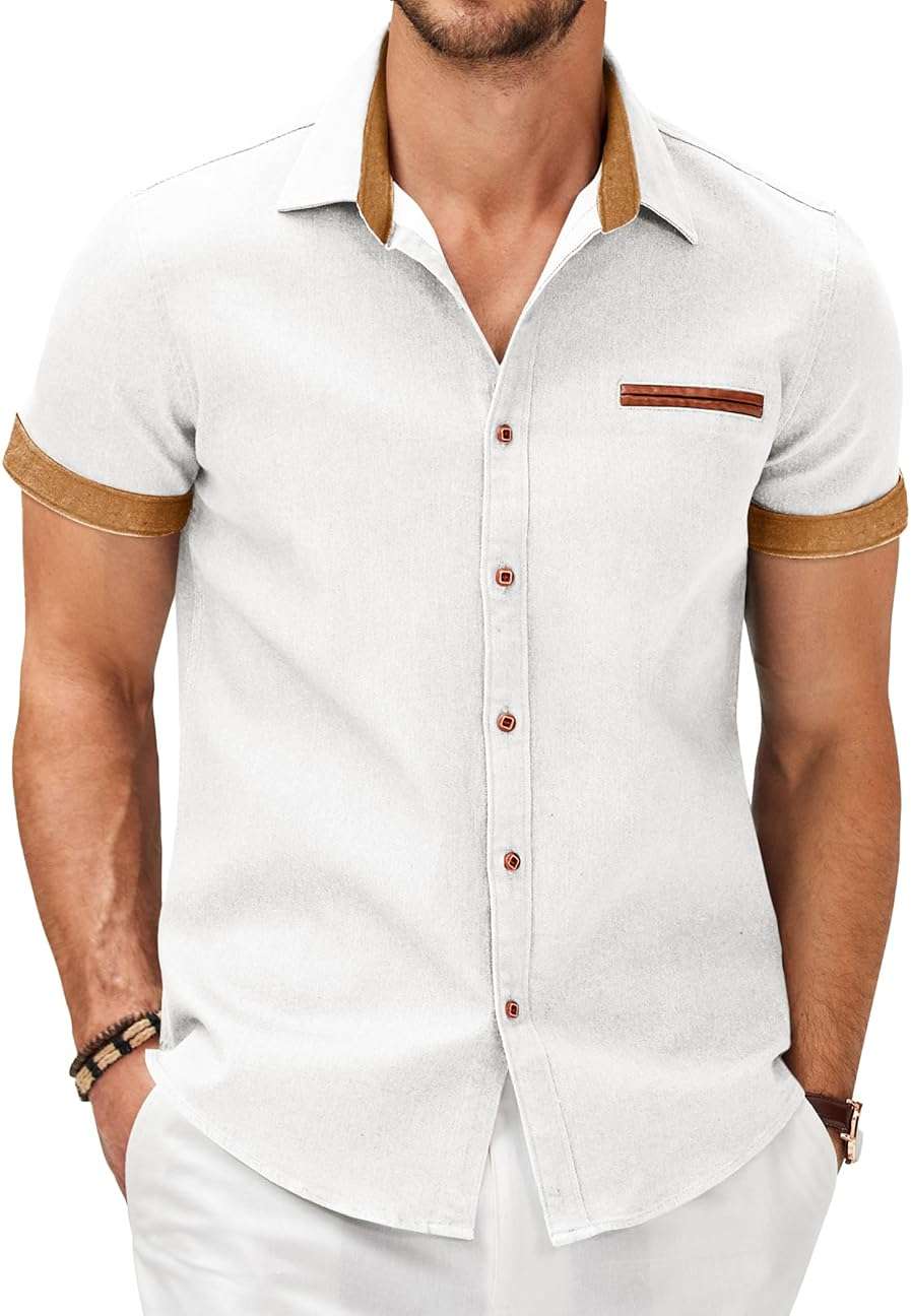 COOFANDY Men's Cotton Casual Short Sleeve Button Down Shirt Plaid Collar Denim Work Shirts - Image 1