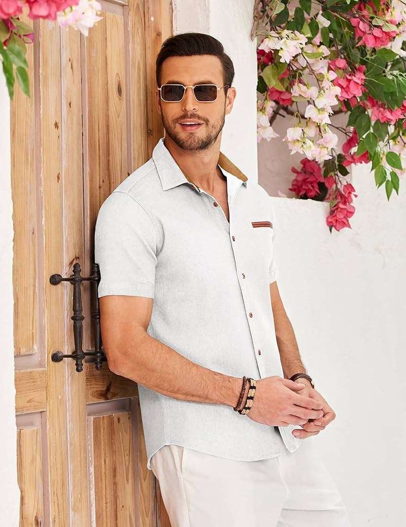 COOFANDY Men's Cotton Casual Short Sleeve Button Down Shirt Plaid Collar Denim Work Shirts - Image 3