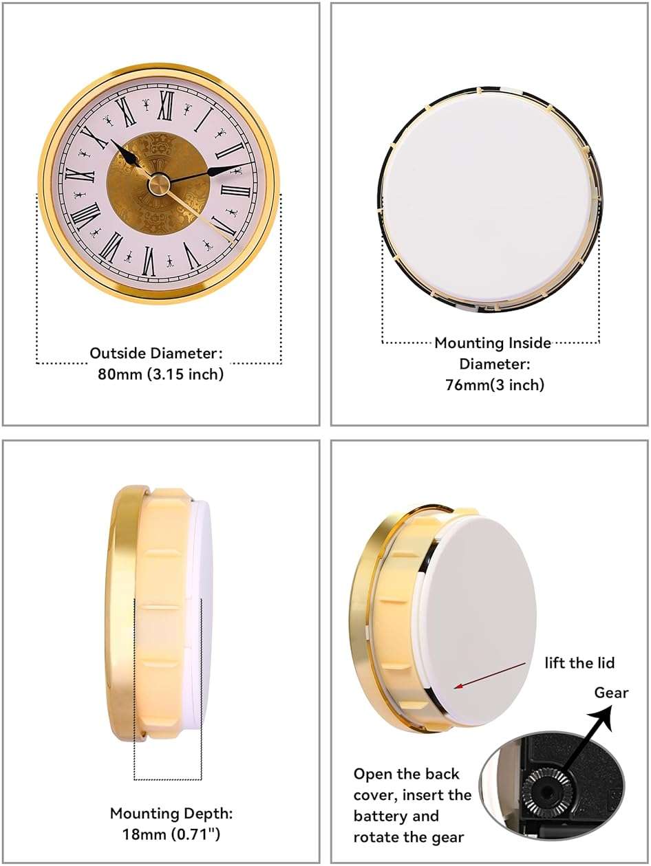 WINTAIM Clock Insert Replacement 80mm (3.15 Inch), Roman Numerals Clock Part, Small Clock Mechanism Battery Operated, Fit Hole of Diameter 76mm(3 inch) - Gold - Image 2