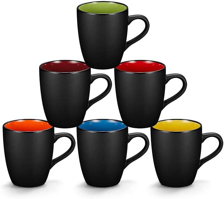 Qipecedm 6 Pack Porcelain Coffee Mugs Set, 12 Ounces Ceramic Coffee Mugs, Matte Black Coffee Mug, Restaurant Cups for Coffee, Tea, Cappuccino, Cocoa, Cereal, Black outside and Colorful inside - Image 1