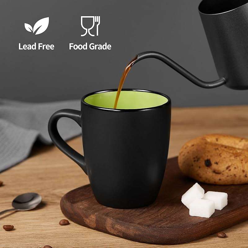 Qipecedm 6 Pack Porcelain Coffee Mugs Set, 12 Ounces Ceramic Coffee Mugs, Matte Black Coffee Mug, Restaurant Cups for Coffee, Tea, Cappuccino, Cocoa, Cereal, Black outside and Colorful inside - Image 2