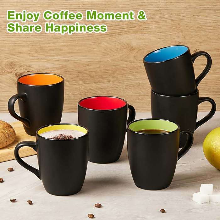 Qipecedm 6 Pack Porcelain Coffee Mugs Set, 12 Ounces Ceramic Coffee Mugs, Matte Black Coffee Mug, Restaurant Cups for Coffee, Tea, Cappuccino, Cocoa, Cereal, Black outside and Colorful inside - Image 4