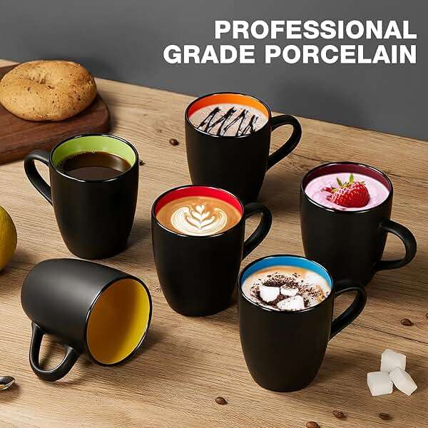 Qipecedm 6 Pack Porcelain Coffee Mugs Set, 12 Ounces Ceramic Coffee Mugs, Matte Black Coffee Mug, Restaurant Cups for Coffee, Tea, Cappuccino, Cocoa, Cereal, Black outside and Colorful inside - Image 6